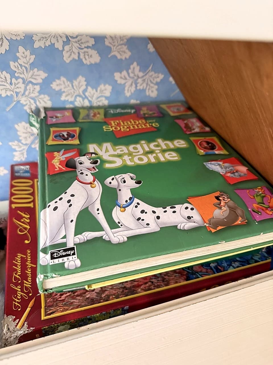 Libro Disney «Magiche Storie · Fiabe per Sognare», copertina verde con due dalmatini, su uno sfondo a carta da parati blu a foglie