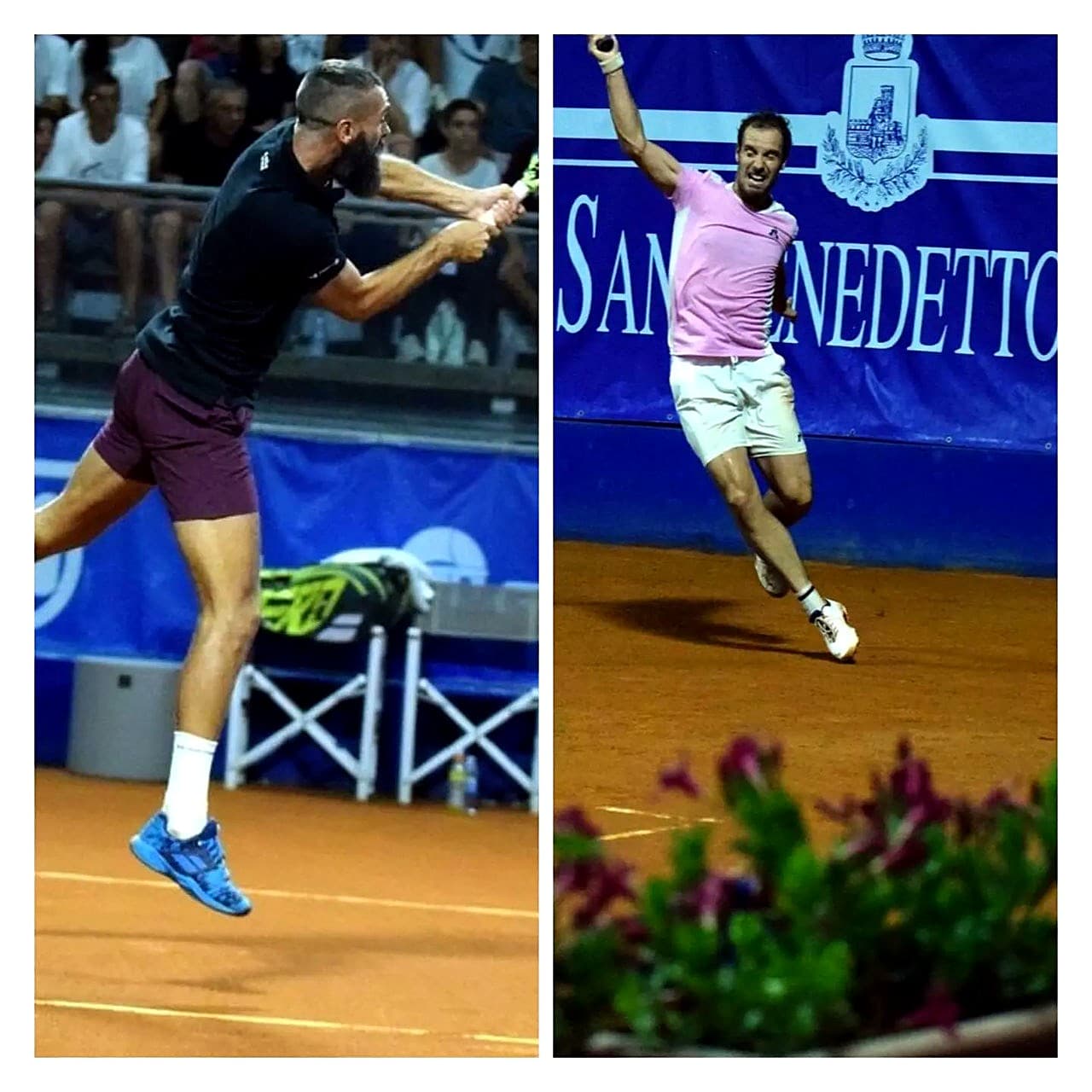 Benoît Paire in azione di rovescio · Richard Gasquet esulta dopo un punto al Challenger 2023 di San Benedetto, con il banner 'San Benedetto' sullo sfondo del campo centrale